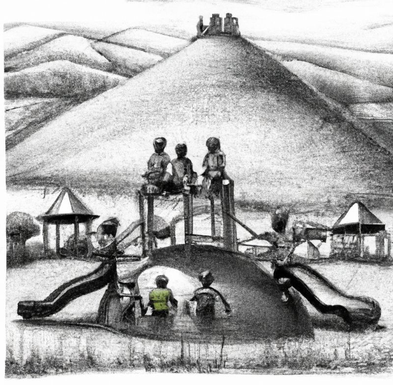 image created with Dall-E An photo realistic pencil drawing of children playing on a hill with a king on top in the center of a playground and in the background larger hills in the distance with children playing on those.